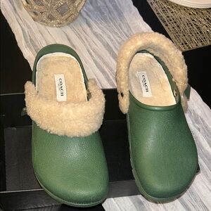 Coach Forest Green Shearling Clogs